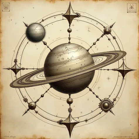 A detailed sketch of a planet surrounded by a constellation of stars, connected by mechanical lines and gears, resembling da Vinci’s geometric designs. The stars are bright, and the planet has a metallic surface with mechanical detailing, creating a fusion...