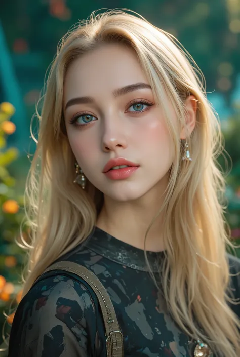  realistic , face, Blonde, blue eyes, long hair, beautiful planet background, beautifully detailed eyes, extremely detailed facial features, flawless skin, shiny iridescent golden eyes, delicate makeup, high-quality 3D render, photo realistic , cinematic l...