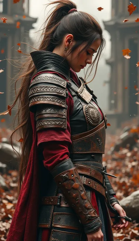 Create super realistic. A woman wearing a warrior outfit. A warrior outfit that combines classic and futuristic. With unique carvings and a great futuristic style. Looks beautiful and charismatic. Standing with a strong warrior style. Bowing down. A gloomy...