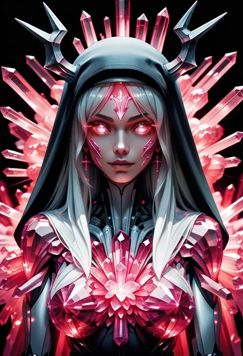  (limited palette:neon pink and violet ),sexy nun, black android woman, large bare chested, devil horns \(large\), highly detailed, dmt, witch, geodes, glowing eyes, light flowing ,fire flowing glowing water, crystals, metal, 