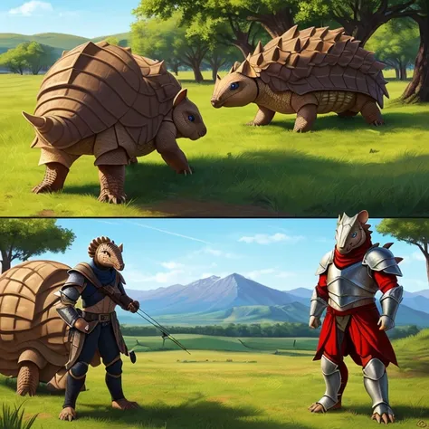 masterpiece, hd, high resolution, high quality, best quality, super detailed. characters creatures, multiple views. fantasy art.
{{(anthropomorphic-male-adult-Armadillo-scout:(appearance: yellow-armadillo-skin. brown-armadillo-shell. brown-armadillo-tail-s...