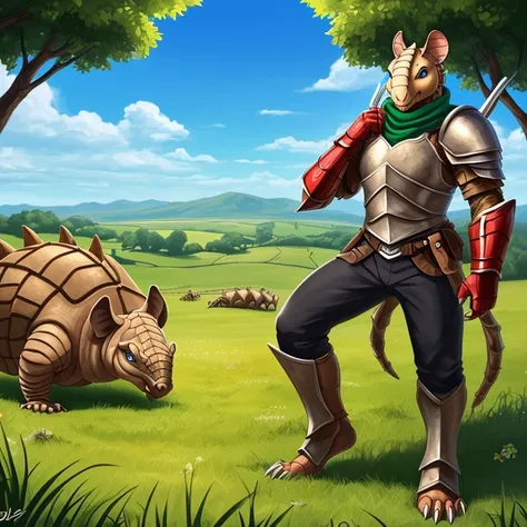 masterpiece, hd, high resolution, high quality, best quality, super detailed. characters creatures, multiple views. fantasy art.
{{(anthropomorphic-male-adult-Armadillo-scout:(appearance: yellow-armadillo-skin. brown-armadillo-shell. brown-armadillo-tail-s...