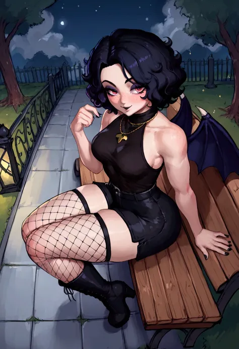  happy face,  squinting , ((beautiful eyes)) ,  flirtatious smile , 1 girl, (( anthropomorphic bat )), ((The bat girl  )), sleeveless turtleneck sweater,  black sports shorts ,  full body,  medium thighs,  medium breasted, sfw,  small gold cross necklace ,...