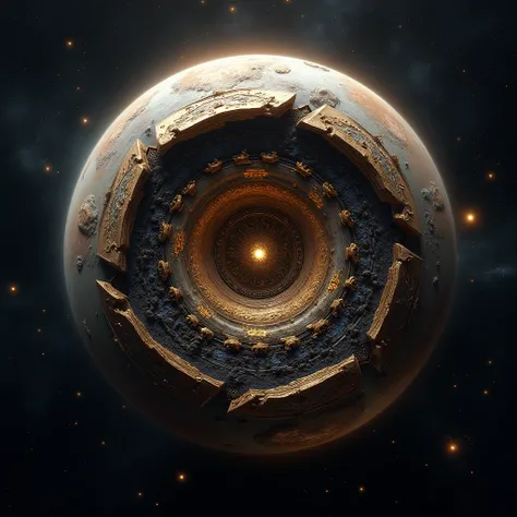 An intricate design of a planet at the center of a galaxy, with spiral gears and mechanical elements in its core. The planet’s surface is adorned with metallic textures and golden accents. The surrounding space is dark with swirling star patterns.”