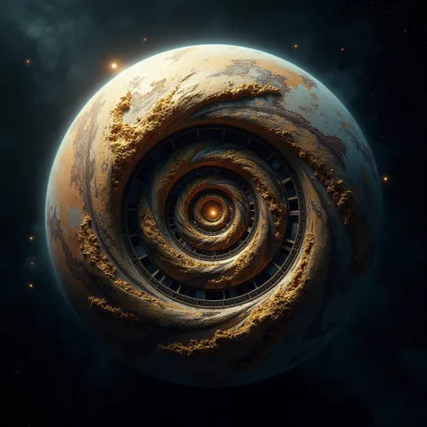 An intricate design of a planet at the center of a galaxy, with spiral gears and mechanical elements in its core. The planet’s surface is adorned with metallic textures and golden accents. The surrounding space is dark with swirling star patterns.”