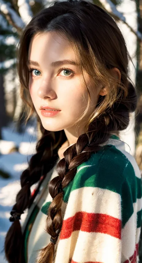 RAW, professional photograph, medium shot, photorealistic, realistic lights, realistic shadows, hyper-realistic, ray tracing, super detail, UHD, 8k, female, twenty years old, athletic body, soft facial features, long braided hair, viking hairstyle, straigh...