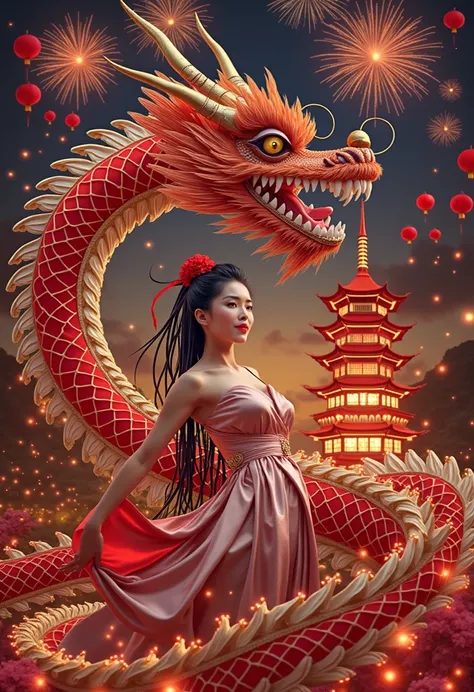 bottom photo, beautiful Asian woman, dreadlocks, open satin flowing around her, celebration, fractal water effect. He made a stunning appearance on the jumpwalk with a majestic giant dragon dance, red and white neon, sparkling gold + red decorations with l...