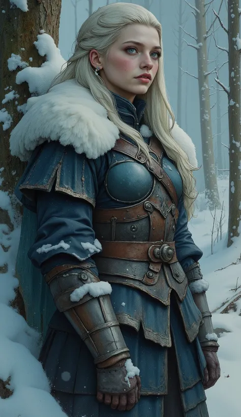 Grand general shot full body centered image , Away from the camera :1.5,  1 A fierce Viking warrior woman with stunning blue eyes and platinum blonde hair,  Standing in a Scandinavian winter forest , ultra detailed 8k highly realistic photo ,  dramatic lig...