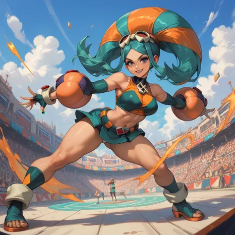 Cerebella de skullgirls, Wearing a short dress with a neckline on the breasts, smiling, prepared to fight , full body