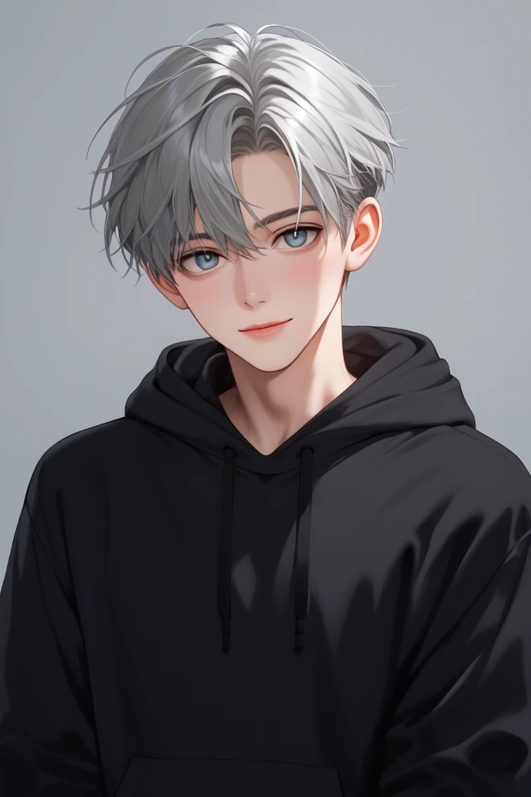 Age 19, handsome,man, Beautiful Gray Hair,1 person,Semi-realistic art,droopy eyes,grateful, kawail, upper body,thick lips, black hoodie , short hair, straight hair, center part, half smile, Wide-set eyes, Downturned eyes, Mesmerizing eyes,Korean Style, tir...