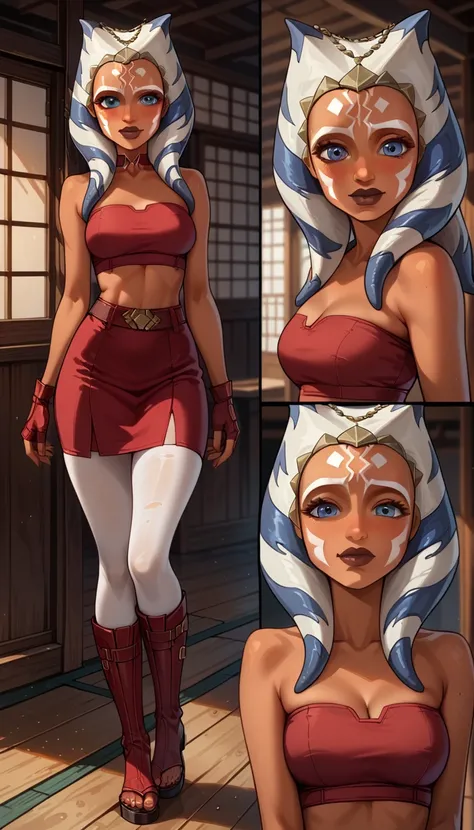 score_9, score_8_up, score_7_up, (cartoon style:1.2), Cartoon image of a beautiful woman, mature woman, beautiful waifu, (Ahsoka Tano, orange skin:1.2), (maroon tube top, maroon tight skirt:1.3), (closed boots, fingerless gloves:1.2), belt, (white leggings...