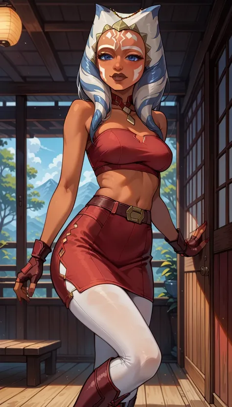 score_9, score_8_up, score_7_up, (cartoon style:1.2), Cartoon image of a beautiful woman, mature woman, beautiful waifu, (Ahsoka Tano, orange skin:1.2), (maroon tube top, maroon tight skirt:1.3), (closed boots, fingerless gloves:1.2), belt, (white leggings...