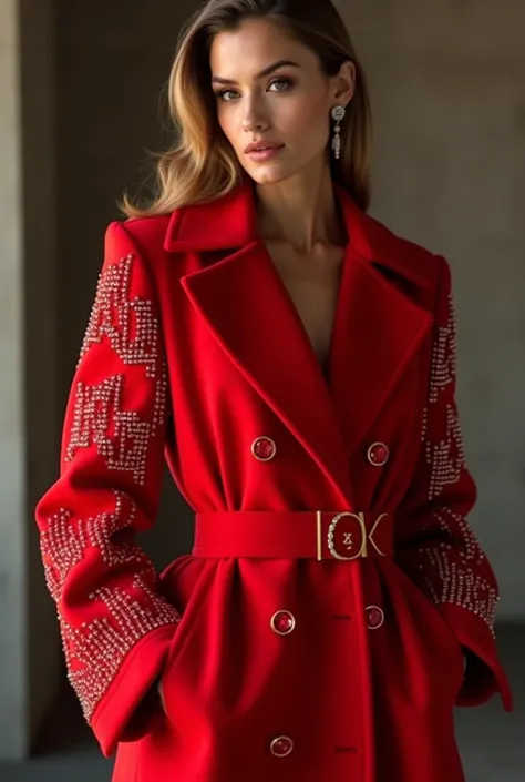 European woman model wearing in a beautiful red coat with vibrant  rhinestones on the sleevs. V&K lettering