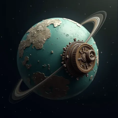 A planet with a smaller mechanical satellite orbiting it, designed with intricate gears and mechanical parts. The surface of the planet is detailed with metallic patterns, and the satellite has a clockwork design, symbolizing precision and engineering.