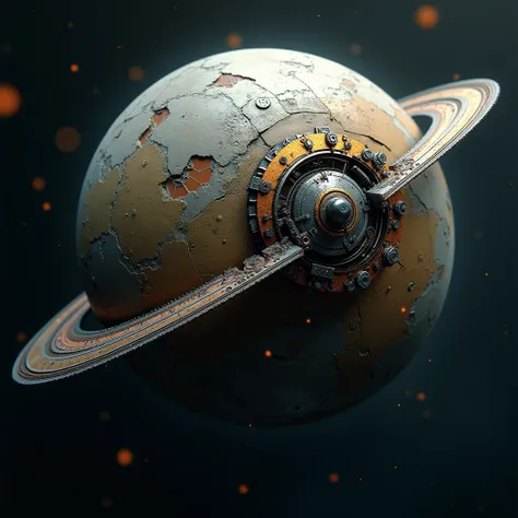 A planet with a smaller mechanical satellite orbiting it, designed with intricate gears and mechanical parts. The surface of the planet is detailed with metallic patterns, and the satellite has a clockwork design, symbolizing precision and engineering.