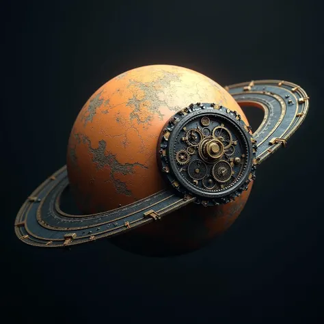 A planet with a smaller mechanical satellite orbiting it, designed with intricate gears and mechanical parts. The surface of the planet is detailed with metallic patterns, and the satellite has a clockwork design, symbolizing precision and engineering.