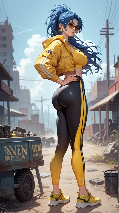 Sexy leona heidern,  long hair,  dark blue hair ,  triangle earrings, wearing a yellow sports top, yellow sports jacket, very tight black leggings , yellow sports shoes, condog tags,  on a wasteland,  at night,,  sunglasses, standing,  big ass ,