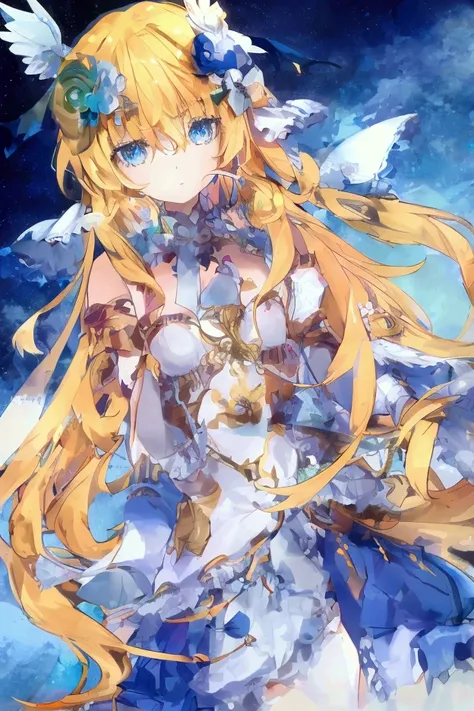 A tall anime girl with a slender body and no chest, featuring stunning, very light shiny blue eyes that sparkle. Her hair is extremely long, flowing, and bright yellow, creating a striking contrast against her delicate features. She has an ethereal, almost...