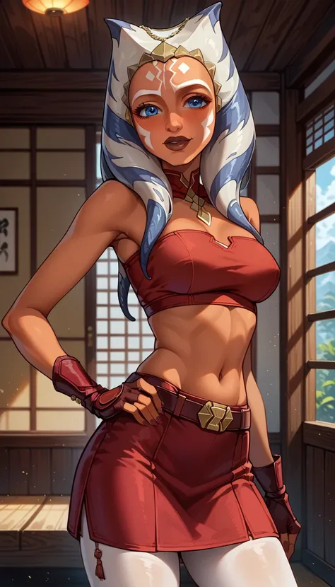 score_9, score_8_up, score_7_up, (cartoon style:1.2), Cartoon image of a beautiful woman, mature woman, beautiful waifu, (Ahsoka Tano, orange skin:1.2), (maroon tube top, maroon tight skirt:1.3), (closed boots, fingerless gloves:1.2), belt, (white leggings...