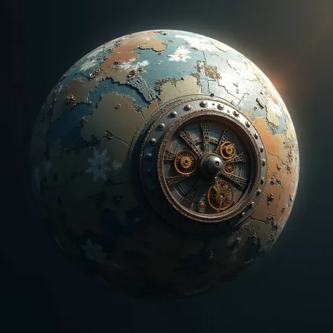 A planet with a smaller mechanical satellite orbiting it, designed with intricate gears and mechanical parts. The surface of the planet is detailed with metallic patterns, and the satellite has a clockwork design, symbolizing precision and engineering.