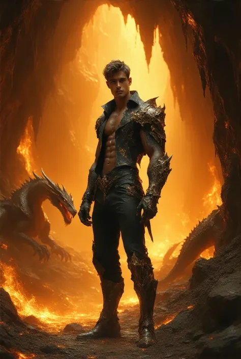 (masterpiece, best quality, realistic, ultra high detailed, UHD, view from a distance), A tall, muscular young man stands in the heart of a fantasy-steampunk dragon’s lair, where massive brass dragon bones and mechanical talons jut out from the ground. His...