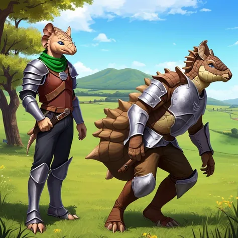 masterpiece, hd, high resolution, high quality, best quality, super detailed. characters creatures, multiple views. fantasy art.
{{(anthropomorphic-male-adult-Armadillo-scout:(appearance: yellow-armadillo-skin. brown-armadillo-shell. brown-armadillo-tail-s...