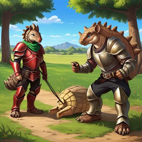 masterpiece, hd, high resolution, high quality, best quality, super detailed. characters creatures, multiple views. fantasy art.
{{(anthropomorphic-male-adult-Armadillo-scout:(appearance: yellow-armadillo-skin. brown-armadillo-shell. brown-armadillo-tail-s...