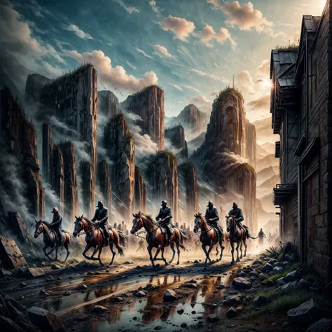 Horsemen of the Apocalypse crossing a desolate and destroyed landscape with four men in black overcoats on top of their horses 