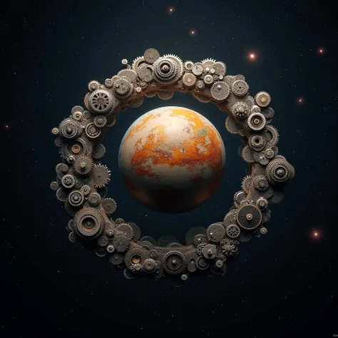 A planet surrounded by a spiral structure made of mechanical gears, inspired by da Vinci’s spiral design. The planet’s surface features metallic plates and rotating cogs. The background is deep space with soft glowing stars, highlighting the spiral movemen...