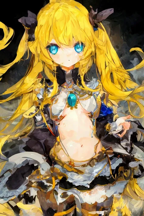 A tall anime girl with a slender body and no chest, featuring stunning, very light shiny blue eyes that sparkle. Her hair is extremely long, flowing, and bright yellow, creating a striking contrast against her delicate features. She has an ethereal, almost...