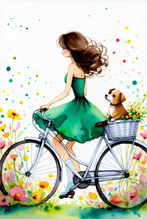 Create an image of a watercolor  ,She wears a green dress her hair is chocolate curled, she is riding a bike with a cute little dog in the white bicycle basket the background is filled with many flowers and brushstrokes of vibrant colors.