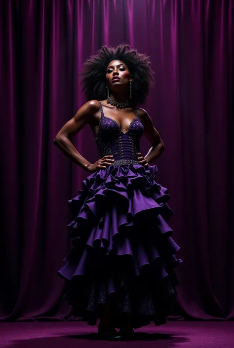 Woman with very dark skin ,  curly hair ,  dressed in 7 black and purple skirts, At a cabaret 