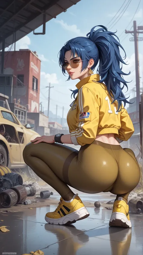 Sexy leona heidern,  long hair,  dark blue hair ,  triangle earrings,  wearing a yellow sports top, yellow sports jacket, very tight black leggings , yellow sports shoes , condog tags,  on a wasteland,  at night,,  sunglasses, standing,  big ass , crouchin...