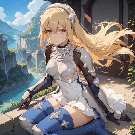 aiz wallenstein, blonde hair, hair between eyes, hairband, long hair, yellow eyes, sidelocks, armor, black gloves, blue footwear, blue thighhighs, boots, breastplate, covered navel, dress, gauntlets, gloves, headgear, knee pads, long sleeves, multicolored ...