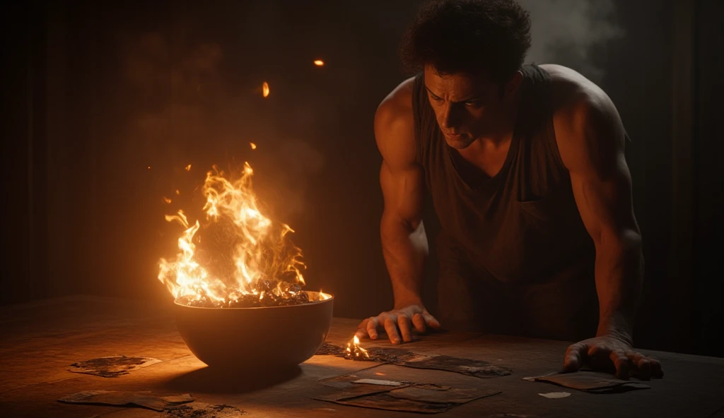   A room with a dark wooden table and a metal bowl in the center.  The flames are consuming a torn photo ,  with slowly burning pieces . a 30-year-old man,  with dark brown hair and green eyes ,  stands next to the table , with his eyes fixed on the flames...