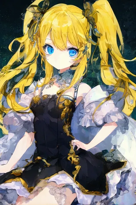 A tall anime girl with a slender body and no chest, featuring stunning, very light shiny blue eyes that sparkle. Her hair is extremely long, flowing, and bright yellow, creating a striking contrast against her delicate features. She has an ethereal, almost...