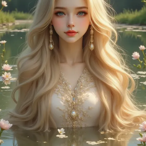 （  top quality 。  highest resolution 。  super realistic photo  。  full body portrait  。）  There is a beautiful woman with very long hair  。 More beautiful than a beautiful actress 。  beautiful young woman  。  She has a beautiful and lovely face 。  her hair...