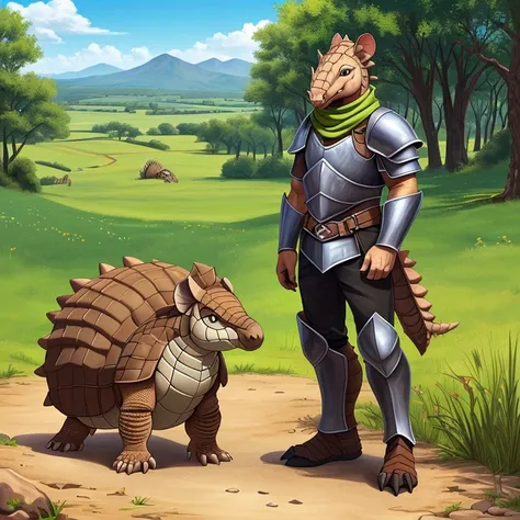 masterpiece, hd, high resolution, high quality, best quality, super detailed. characters, multiple views. fantasy art.
{{(anthropomorphic-male-adult-Armadillo-scout:(appearance: yellow-armadillo-skin. brown-armadillo-shell. brown-armadillo-tail-shell. arma...