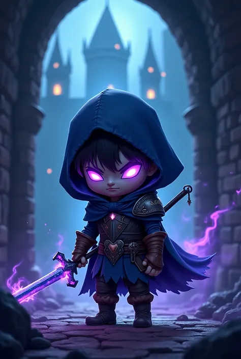 Chibi, A warrior made of dark energies that look like dark blue and dark purple mist and flames. He has a cloak and his face is shadowed under the cloak, underneath his cloak he has a light armor made of leather and reinforced with dark black metal. He has...