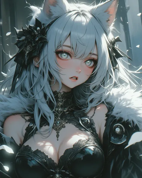   An amazing doll like upper body image of a white-haired woman ,  gothic style doll   ,  big breasts,   slim waist  ,    with smooth white eyes shining with slit pupils  ,   Damp pink lips  , taring,   wearing a smooth white wolf veil  ,  furry outfit  , ...