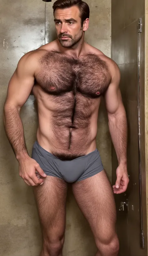 A Professional shot, ultra-high definition, masterpiece, 8k of Sean Connery man with black hair standing in grey briefs with very big bulge, in the shower exposing his extremely dense black body hair from his chest, his abdomen, arms and legs, thin dark mu...