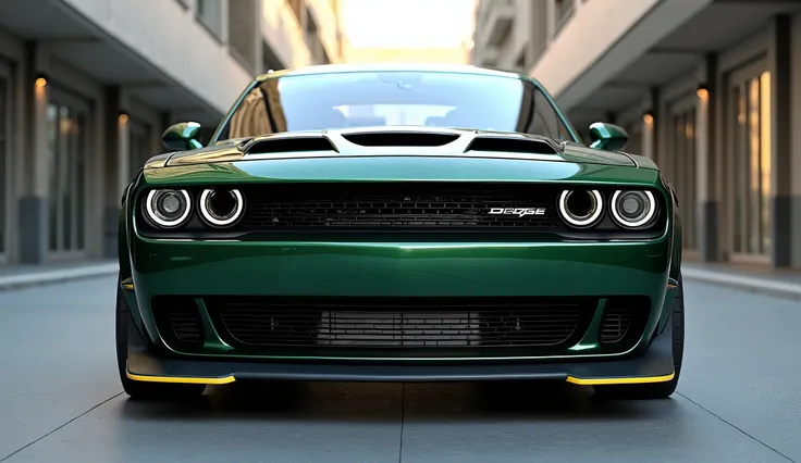 Generate a high-resolution, fully realistic image of a 2025 Dodge Challenger SRT hellcat  ) front view in (dark green  ),with a sleek and modern exterior, futuristic wheels, and a shimmering body color, displayed in a outside of the buildings  The image sh...