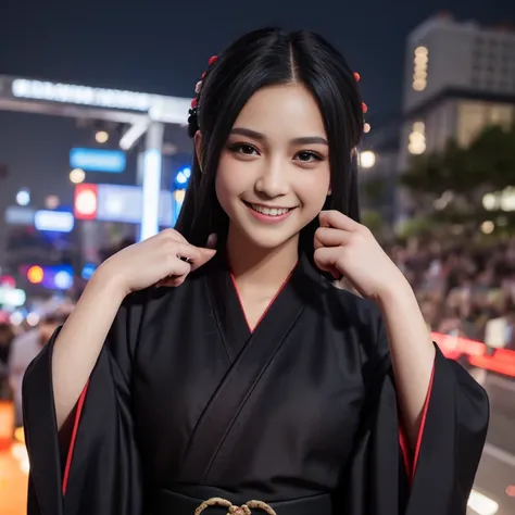   Works  , highest quality,  ultra high resolution , highest quality, gay anime, Best writing , beautiful face, ( black kimono :1.3), 1 woman, beautiful face, beautiful kimono,   dark hair , riasan beautiful face, upper body, red eye, Pupil kucing,   night...