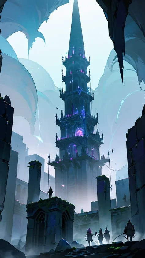 “A towering, ancient structure deep within the labyrinth city, surrounded by a mystical aura. The tower is built from dark stone and covered in arcane symbols, some of which emit a faint glow. Lightning frequently strikes the top of the tower, where a mass...