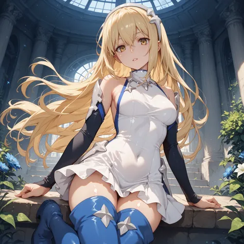 aiz wallenstein, blonde hair, hair between eyes, hairband, long hair, yellow eyes, sidelocks, blue footwear, blue thighhighs, boots, covered navel, dress, multicolored clothes, multicolored dress, taut clothes, taut dress, thigh boots, thighhighs, glossy s...