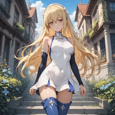 aiz wallenstein, blonde hair, hair between eyes, hairband, long hair, yellow eyes, sidelocks, blue footwear, blue thighhighs, boots, covered navel, dress, multicolored clothes, multicolored dress, taut clothes, taut dress, thigh boots, thighhighs, thigh ga...