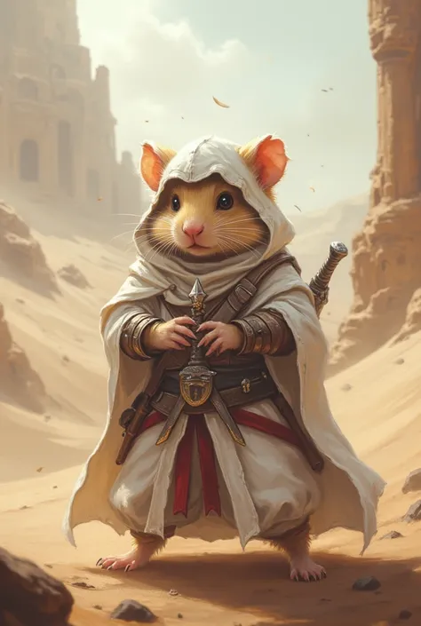 hamster dressed like altair from assassins creed,Fantasy style,  masterpiece, Best quality, Super Detail,4K,standing in the desert,  extremely detailed 8k photo with very realistic presentation,  dramatic lighting ,  kinematic composition, epic fantasy sce...