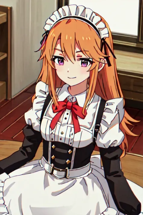  best quality, masterpiece,  high resolution, Alone, {Maid:1.40}, {length Maid dress:1.15}, {Yuki__theidolmastercinderellagirlsu149:1.15},  orange_hair,  purple _eye, length_hair, 前hair,  upper_body,  blonde_hair, hair_ between queen _eye,Maid, ribbon, Mai...