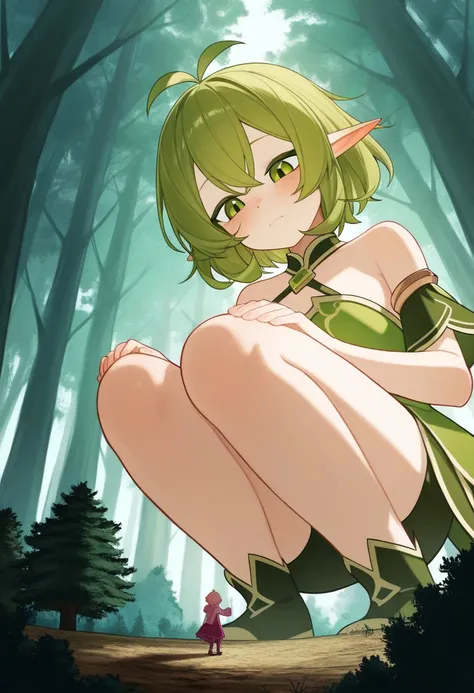 (1girl: 1.1), (squatting looking down: 1.0), (macro size: 1.3), (elfgirl), pointy ears, surrounded by forest, tall