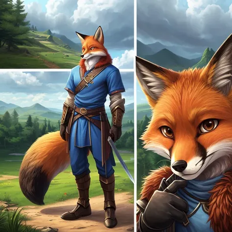 masterpiece, hd, high resolution, high quality, best quality, super detailed. anthropomorphic-animals-characters, multiple views. fantasy art.
{{(anthropomorphic-male-adult-fox-warrior:(appearance: red-fox-fur. big-fox-tail. fox-head-and-face. brown-eyes. ...